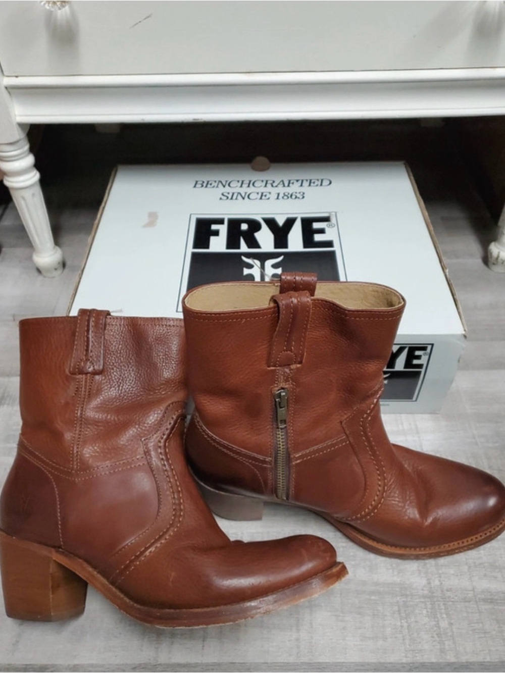 Frye Cognac Brown Leather Mid-Calf Zip Heeled Boots